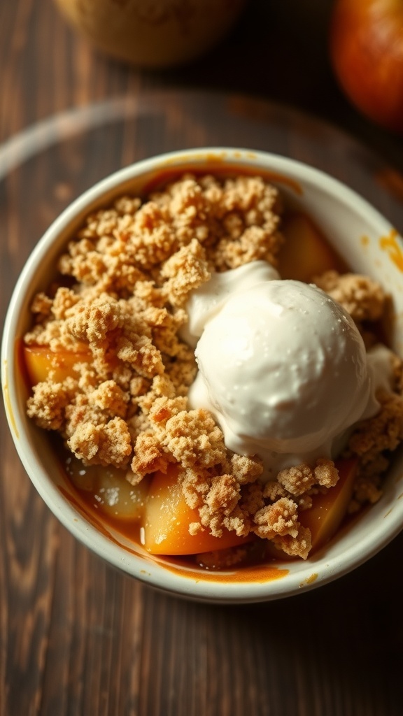 A small baking dish of golden apple crumble with a scoop of vanilla ice cream on a rustic wooden table.